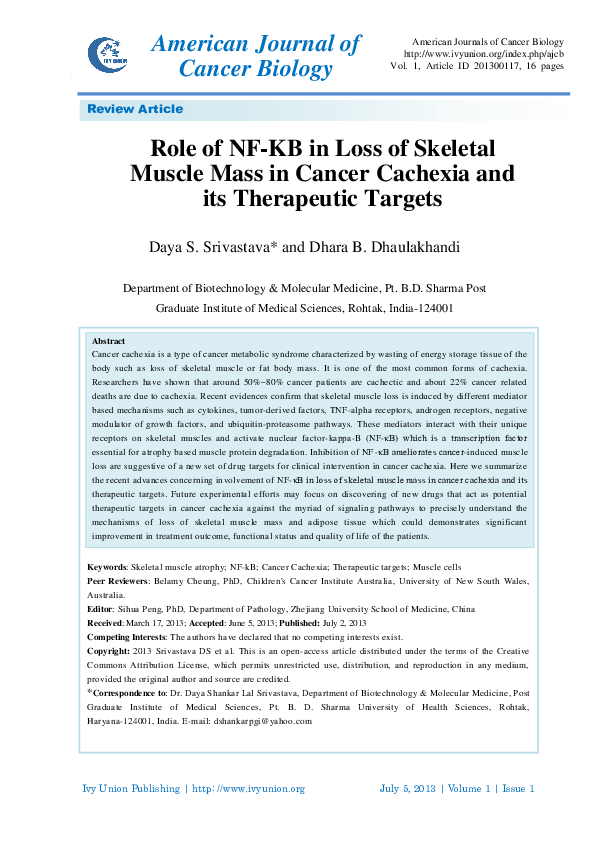(PDF) Role of NF-KB in Loss of Skeletal Muscle Mass in Cancer Cachexia ...