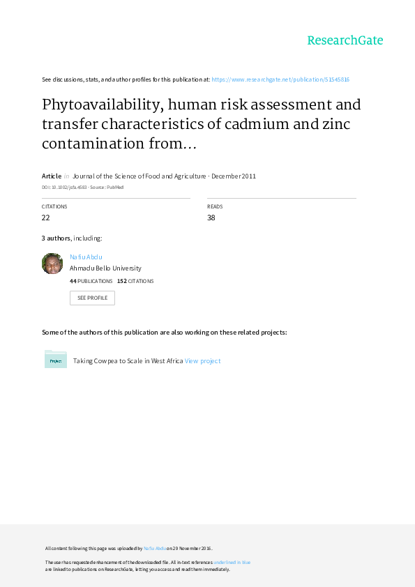 (PDF) Phytoavailability, human risk assessment and transfer