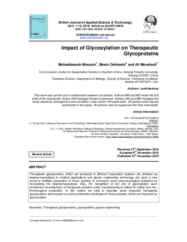 (PDF) Impact of Glycosylation on Therapeutic Glycoproteins