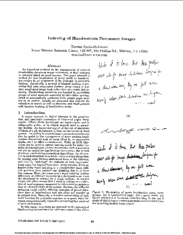 (PDF) Indexing of handwritten document images