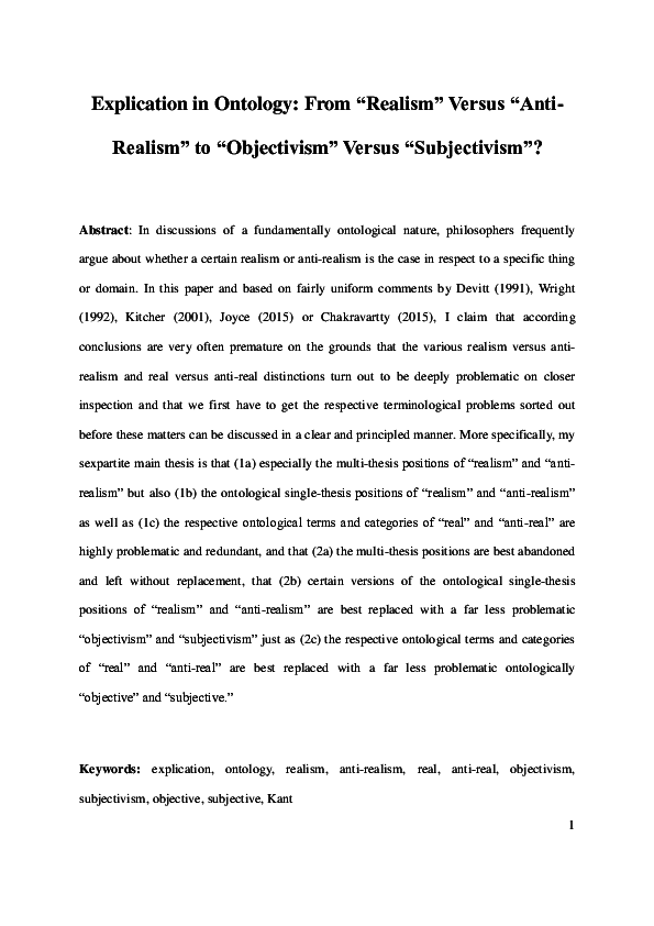 (PDF) Explication in Ontology From “Realism” Versus “AntiRealism” to