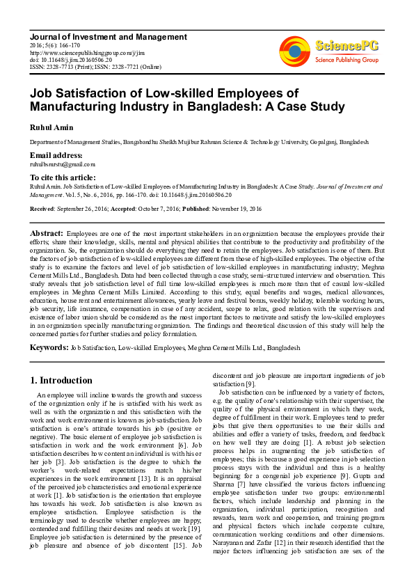 (PDF) Job Satisfaction of Lowskilled Employees of Manufacturing