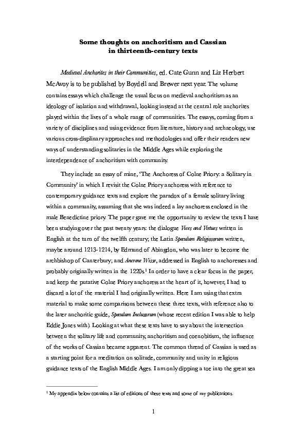 Some thoughts on anchoritism and Cassian in thirteenth-century texts