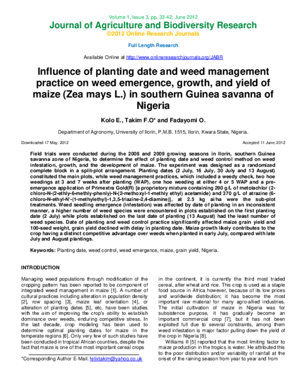 (PDF) Influence of planting date and weed management practice on weed ...