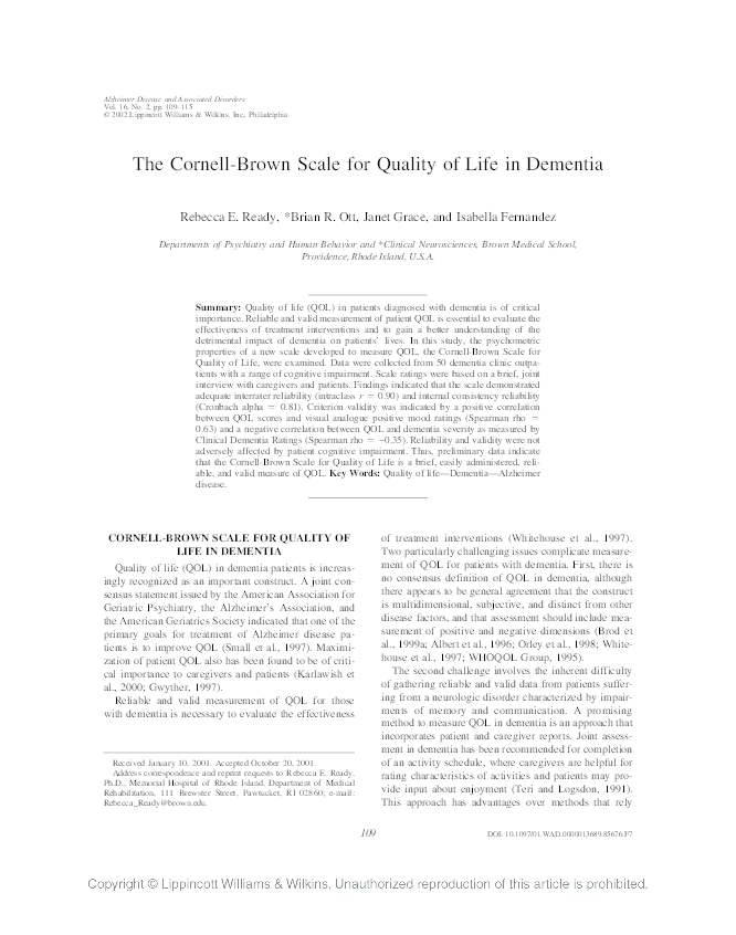 (PDF) The CornellBrown Scale for Quality of Life in Dementia Liliane