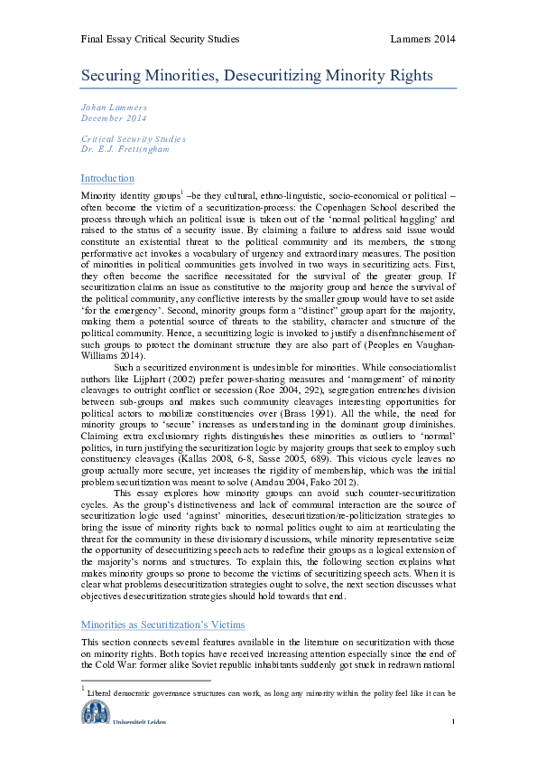 (PDF) Securing Minorities, Desecuritizing Minority Rights - Critical ...