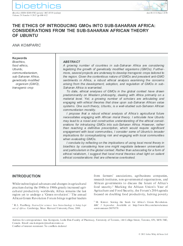 (PDF) The Ethics of Introducing GMOs into sub-Saharan Africa ...