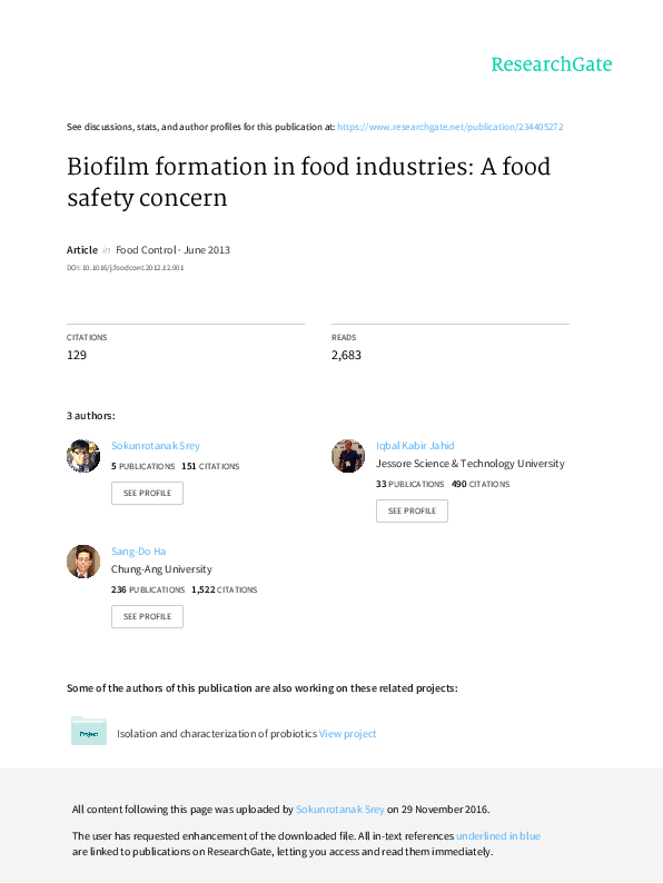(PDF) Biofilm formation in food industries: A food safety concern