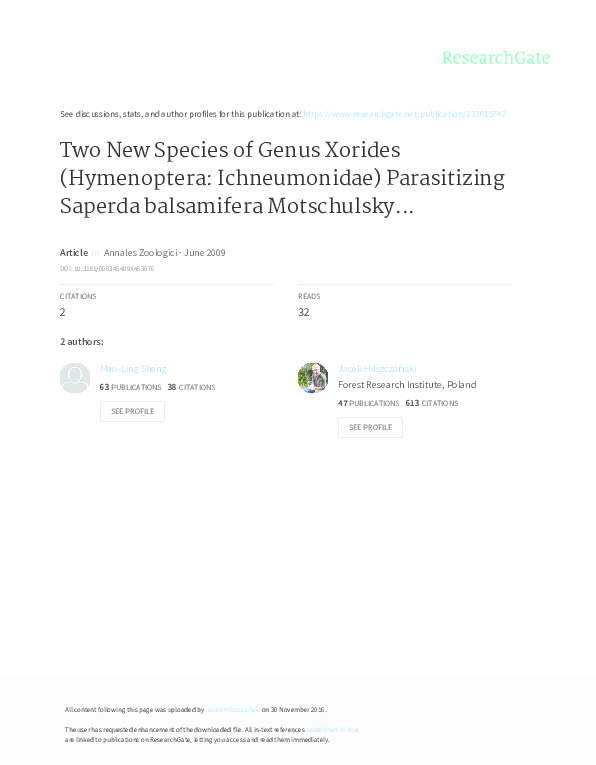 (PDF) Two New Species of Genus Xorides (Hymenoptera: Ichneumonidae ...