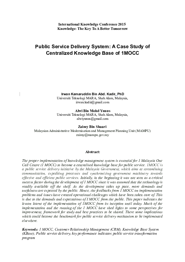 Doc Public Service Delivery System A Case Study Of Centralized Knowledge Base Of 1mocc Alwi Bin Mohd Yunus Zaimy Bin Shaari Malaysian Administrative Modernisation And Management Planning Unit Mampu Alwi M O H D