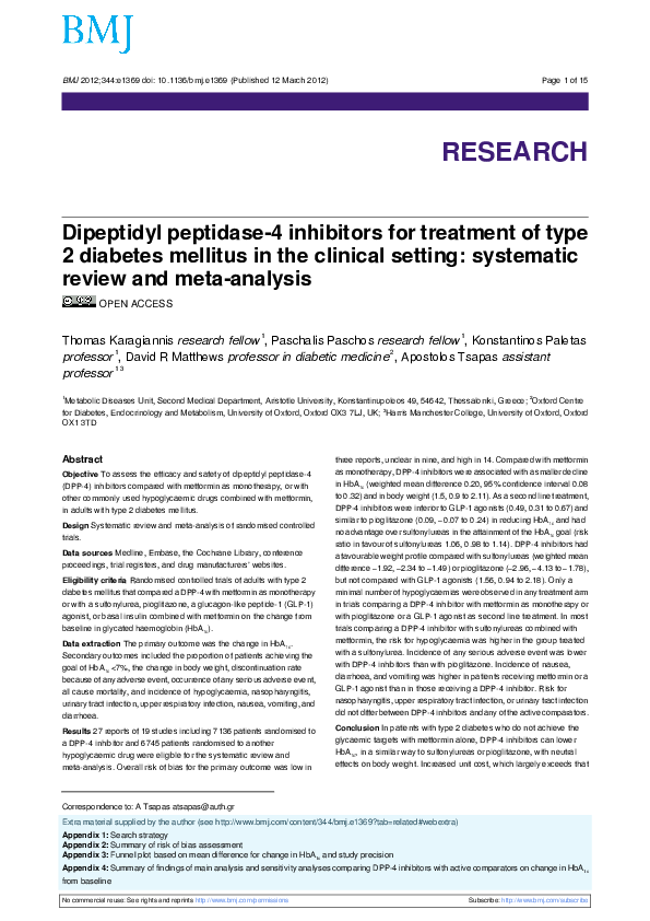 (PDF) Dipeptidyl peptidase-4 inhibitors for treatment of type 2 ...
