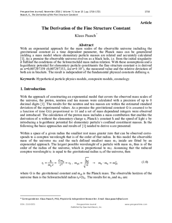(PDF) The Derivation of the Fine Structure Constant