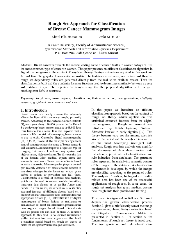 (PDF) Rough Set Approach for Classification of Breast Cancer Mammogram ...
