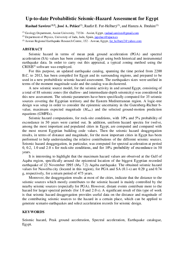 (PDF) Up-to-date probabilistic seismic-hazard assessment for Egypt