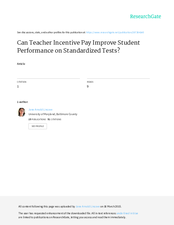 (PDF) Can Teacher Incentive Pay Improve Student Performance on