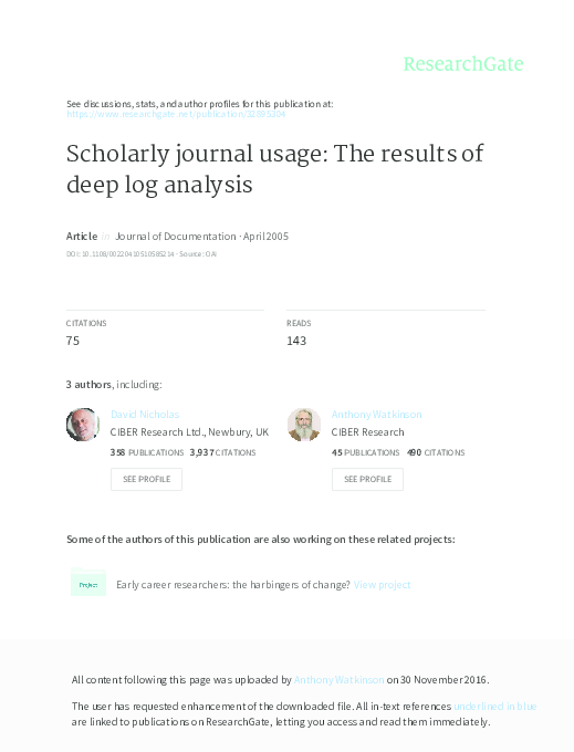 (PDF) Scholarly journal usage: the results of deep log analysis