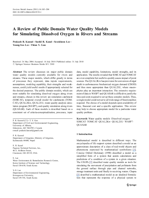(PDF) A Review of Public Domain Water Quality Models for Simulating
