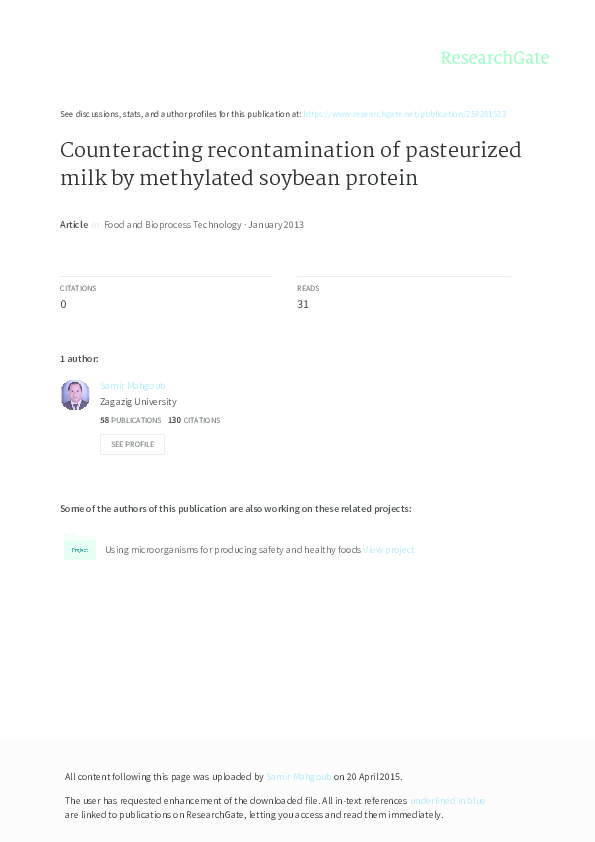 (PDF) Counteracting Recontamination of Pasteurized Milk by Methylated Soybean Protein Mahmoud