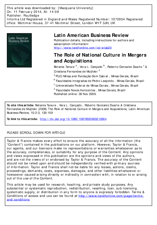 (PDF) The Role of National Culture in Mergers and Acquisitions