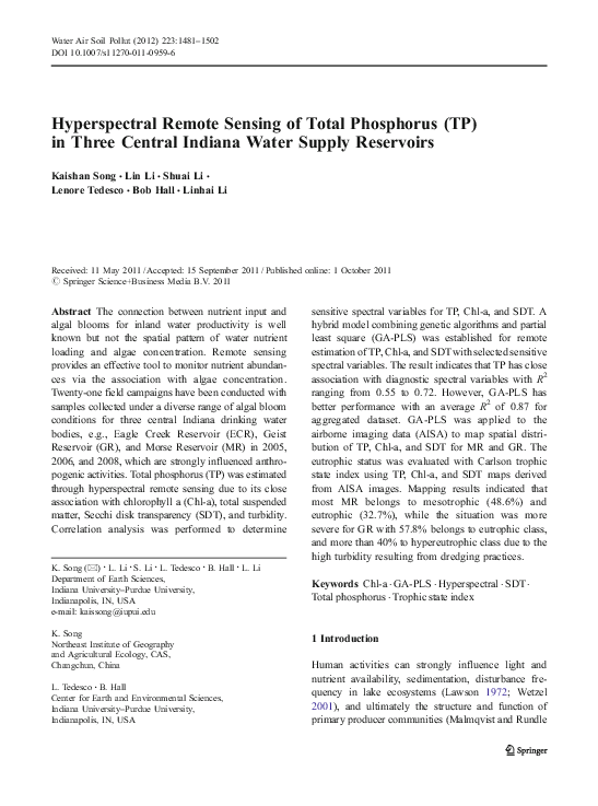 (PDF) Hyperspectral Remote Sensing of Total Phosphorus (TP) in Three ...
