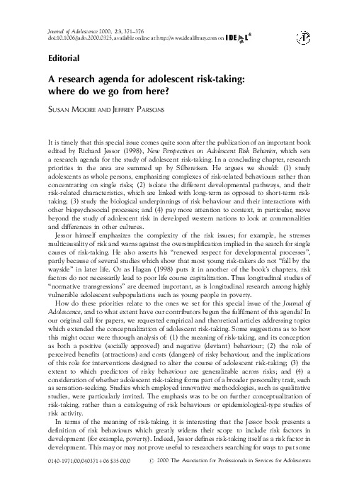 Pdf A Research Agenda For Adolescent Risk Taking Where Do We Go From