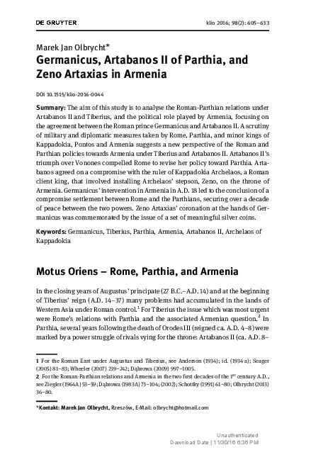 (PDF) Germanicus, Artabanos II of Parthia, and Zeno Artaxias in Armenia