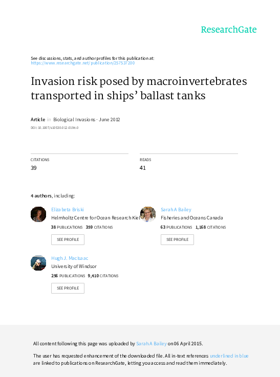 (PDF) Invasion risk posed by macroinvertebrates transported in ships