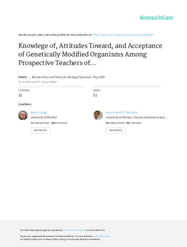 (PDF) Knowlege of, attitudes toward, and acceptance of genetically ...
