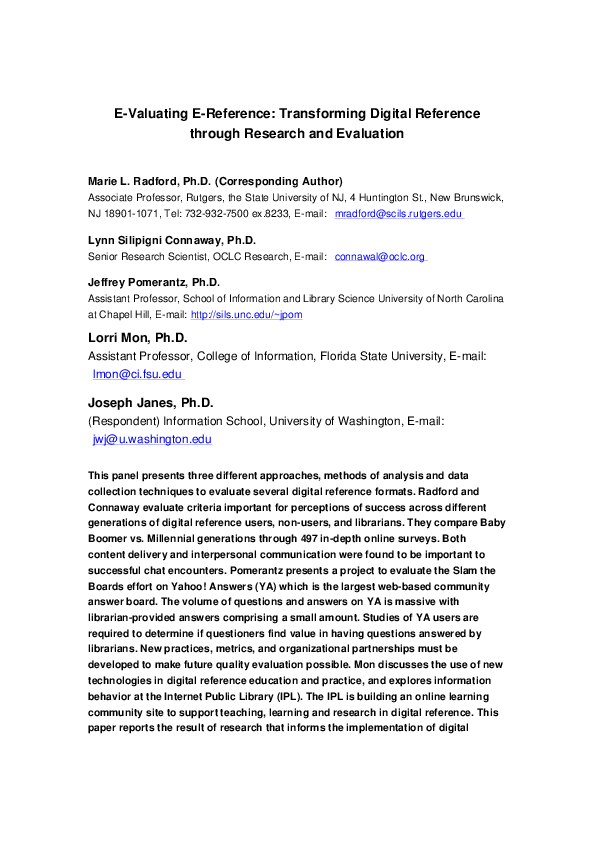 (PDF) E-valuating E-reference: Transforming digital reference through ...
