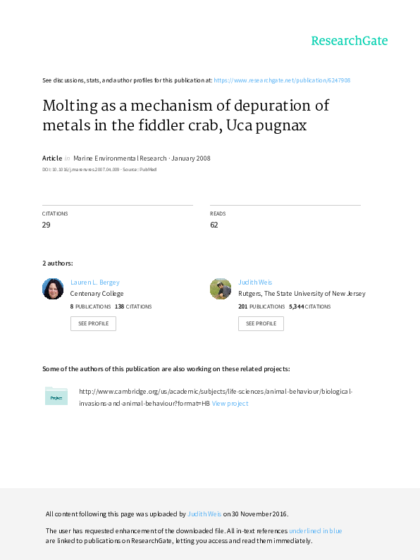 (PDF) Molting as a mechanism of depuration of metals in the fiddler