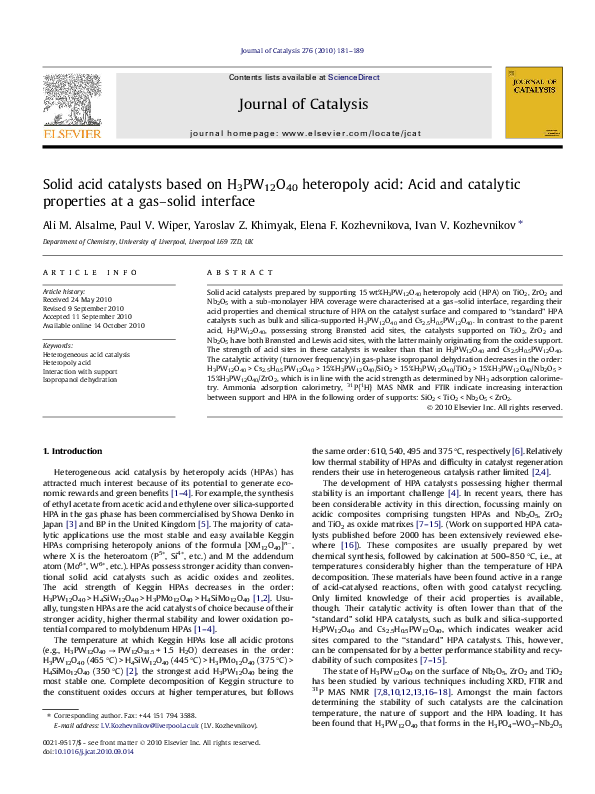 (PDF) Solid acid catalysts based on H 3PW 12O 40 heteropoly acid: Acid ...