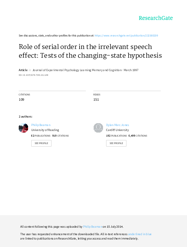 (PDF) Role of serial order in the irrelevant speech effect: Tests of ...