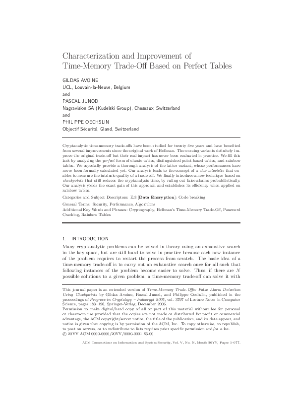 (PDF) Characterization and Improvement of TimeMemory TradeOff Based