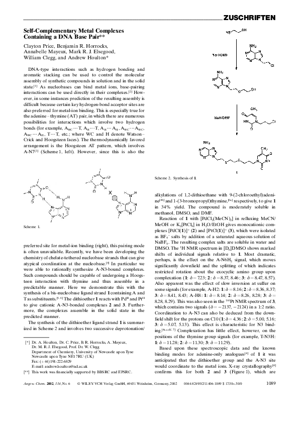 (PDF) Self-Complementary Metal Complexes Containing a DNA Base Pair