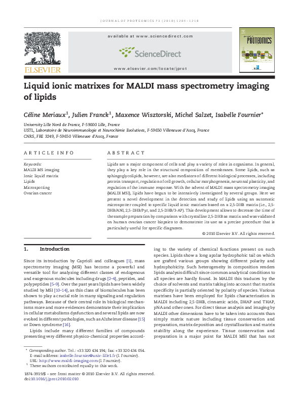 (PDF) Liquid ionic matrixes for MALDI mass spectrometry imaging of lipids