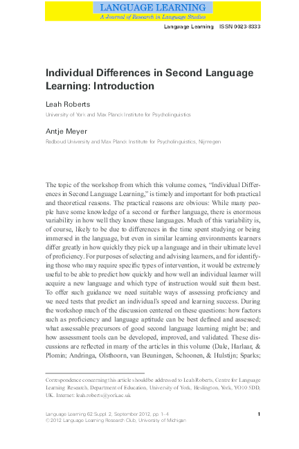 Pdf Individual Differences In Second Language Learning Second Pdf Individual Differences In Second Language Learning Second