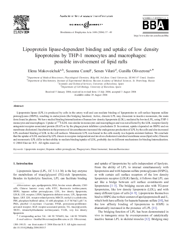 (PDF) Lipoprotein lipase-dependent binding and uptake of low density ...