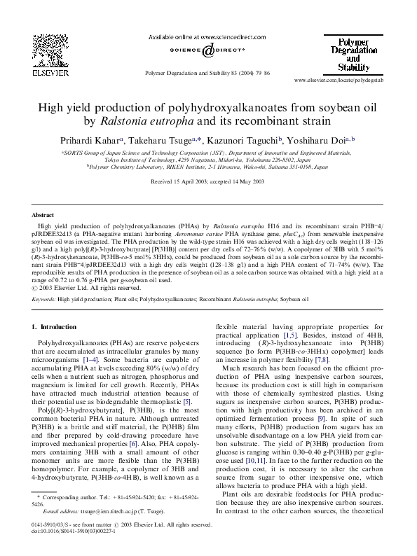 (PDF) High yield production of polyhydroxyalkanoates from soybean oil ...