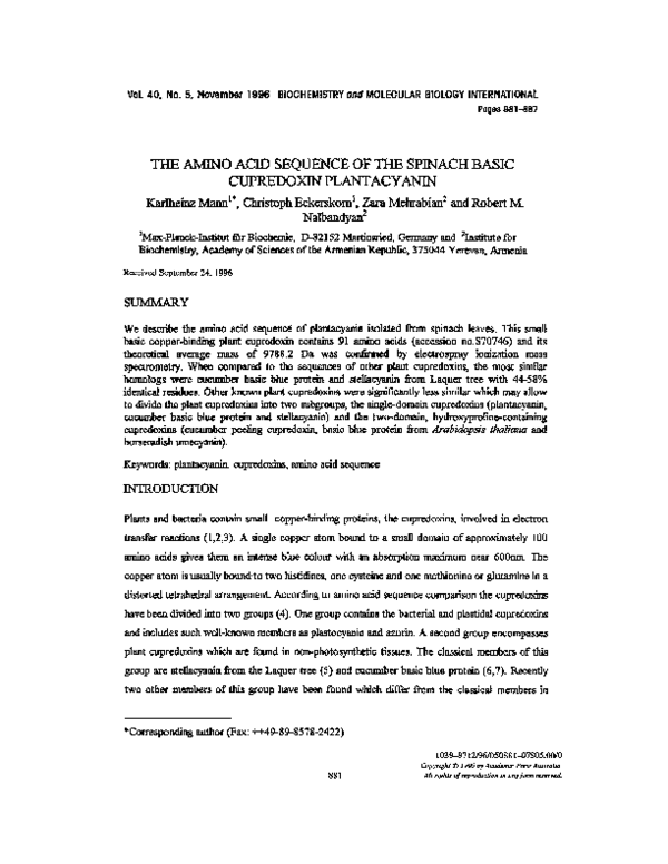 (PDF) The amino acid sequence of the spinach basic cupredoxin plantacyanin
