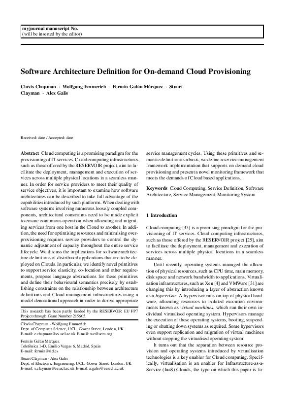 (PDF) Software architecture definition for ondemand cloud provisioning Clovis Chapman