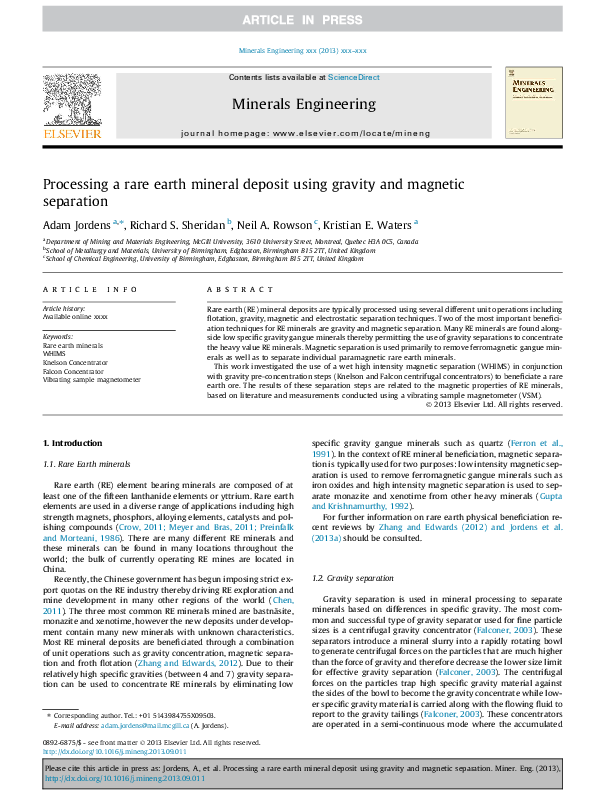 (PDF) Processing a rare earth mineral deposit using gravity and ...