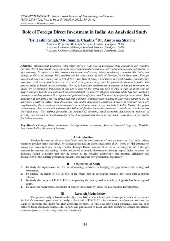 (PDF) Role of Foreign Direct Investment in India: An Analytical Study