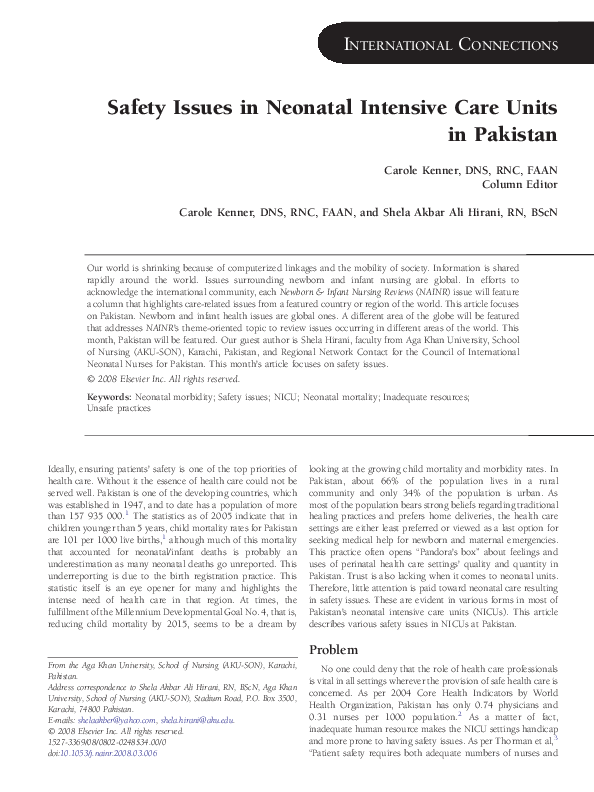 (PDF) Safety Issues in Neonatal Intensive Care Units in Pakistan