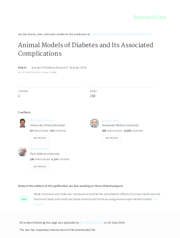 (PDF) Animal Models of Diabetes and Its Associated Complications
