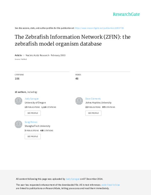 (PDF) The Zebrafish Information Network: the zebrafish model organism