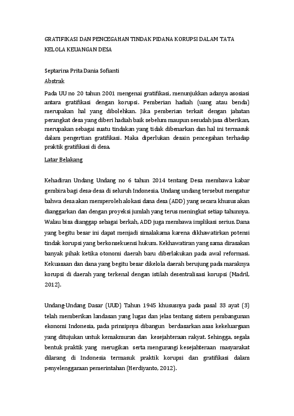 Pdf Gratifikasi Dan Pencegahan Tindak Pidana Korupsi Dalam Tata Septarina P R I T A D A N I A Sofianti Academia Edu
