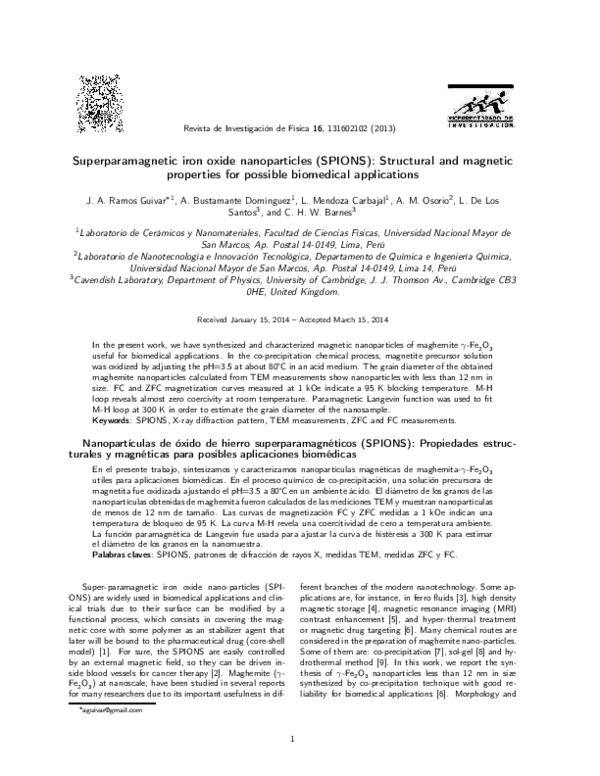 (PDF) Superparamagnetic iron oxide nanoparticles (SPIONs): Development ...