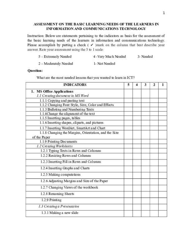 (DOC) QuestionnaireAssessment of Students' Basic Learning Needs in ICT.docx
