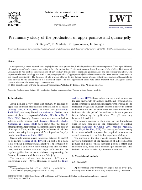 (PDF) Preliminary study of the production of apple pomace and quince jelly