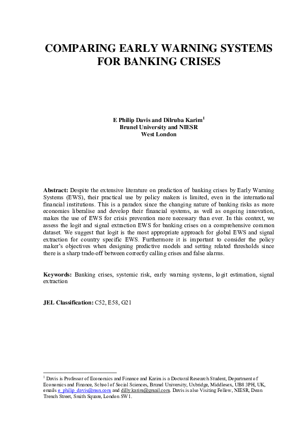 (PDF) COMPARING EARLY WARNING SYSTEMS FOR BANKING CRISES Miss Swallow
